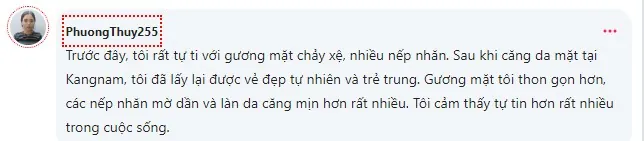 Tài khoảng PhuongThuy feedback sau khi căng da mặt tại Kangnam
