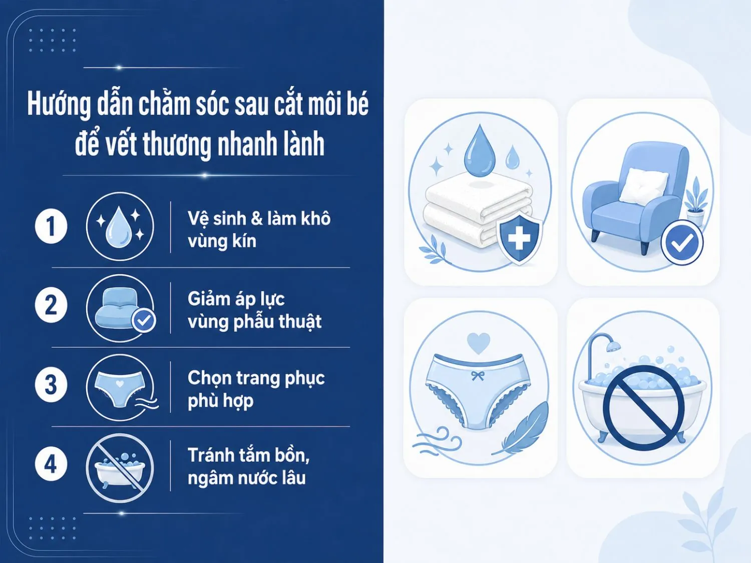 Sau cắt môi bé, cần giữ vùng kín sạch và khô, hạn chế áp lực lên vùng phẫu thuật, mặc trang phục rộng thoáng và tránh tắm bồn hoặc ngâm nước lâu để hỗ trợ vết thương nhanh lành.