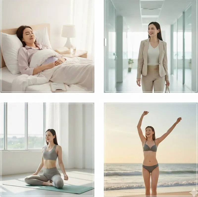 Mô phỏng các giai đoạn nghỉ ngơi và hồi phục sau hút mỡ từ hạn chế hoạt động mạnh tới tự tin vui chơi thoải mái