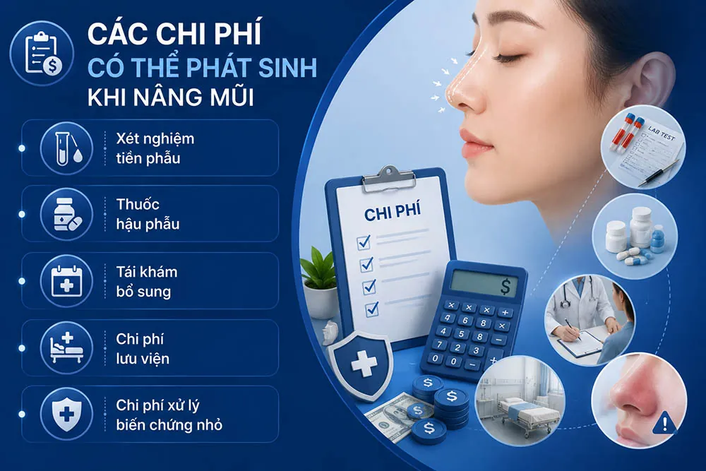 ảnh mô tả Các chi phí có thể phát sinh khi nâng mũi gồm Xét nghiệm tiền phẫu , Thuốc hậu phẫu Tái khám bổ sung, Chi phí lưu viện, Chi phí xử lý biến chứng nhỏ