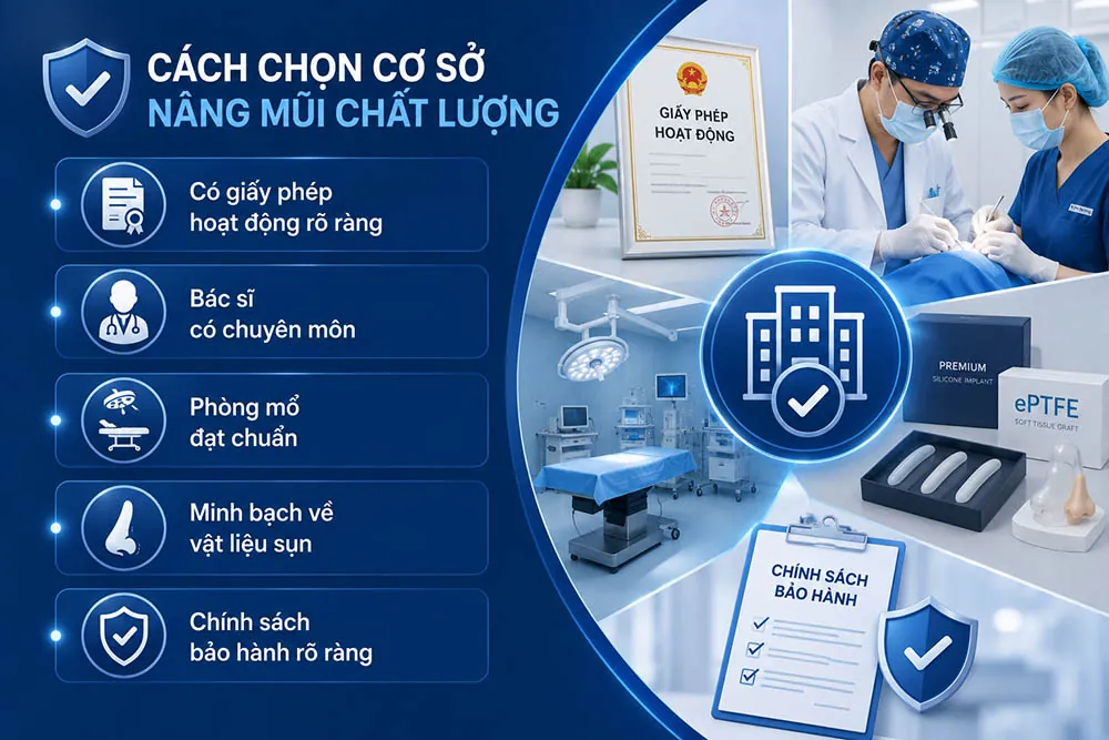 ảnh mô tả Cách chọn cơ sở nâng mũi chất lượng gồm giấy phép hoạt động, chuyên môn bác sĩ, phòng mổ, vật liệu sụn và chính sách bảo hành