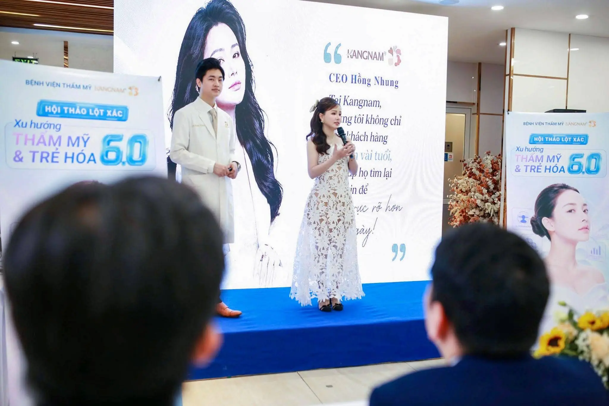 Bác sĩ CK1 Minh Vương (Trái) & CEO Hồng Nhung (Phải) - BVTM Kangnam Hà Nội chia sẻ tại sự kiện