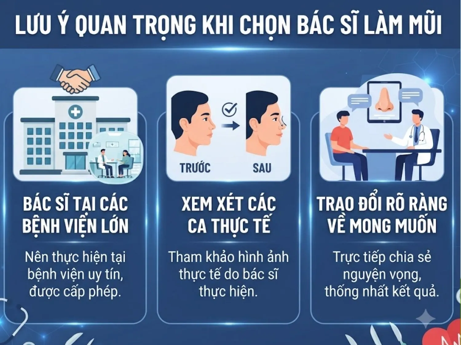 ưu tiên chọn các chuyên gia công tác tại bệnh viện y khoa lớn, tham khảo kỹ hồ sơ ca phẫu thuật thực tế và chủ động trao đổi rõ ràng nguyện vọng của bản thân khi đi nâng mũi
