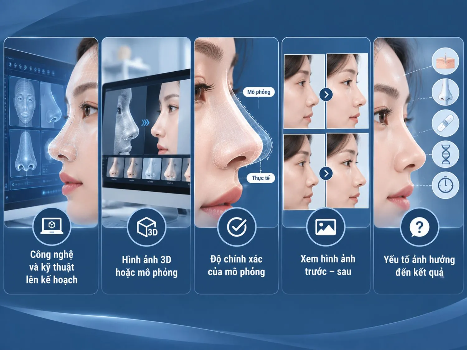 1. Công nghệ hình ảnh 3D và mô phỏng có thể hỗ trợ bác sĩ lên kế hoạch nâng mũi, đồng thời giúp khách hàng hình dung kết quả dự kiến trước phẫu thuật.