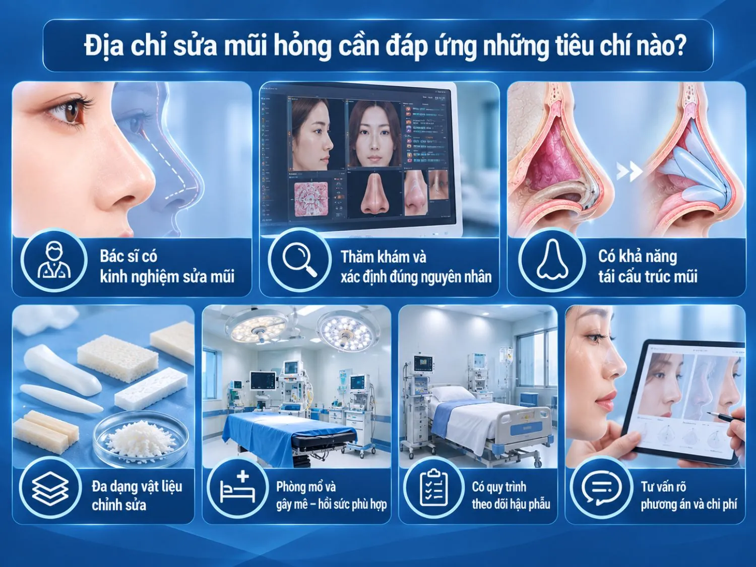 Địa chỉ sửa mũi hỏng nên có bác sĩ giàu kinh nghiệm, khả năng tái cấu trúc mũi, đa dạng vật liệu, phòng mổ phù hợp, quy trình hậu phẫu và tư vấn rõ ràng về phương án, chi phí.