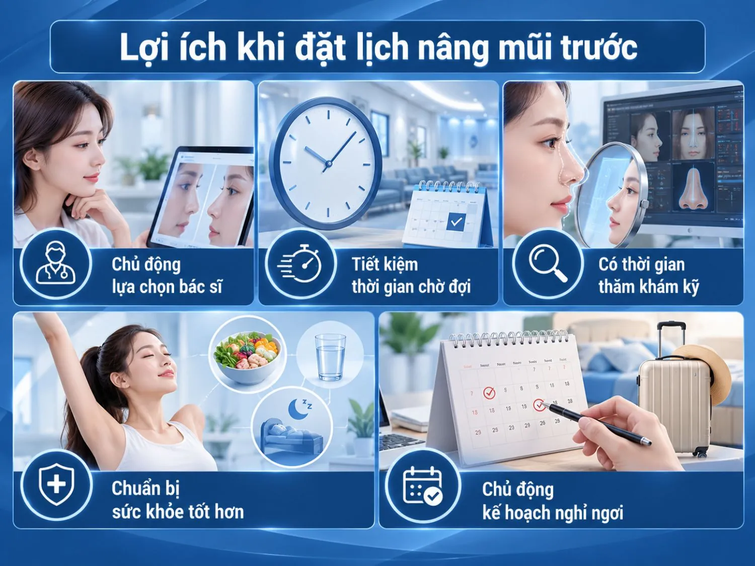 Đặt lịch nâng mũi trước giúp khách hàng chủ động lựa chọn bác sĩ, có thời gian thăm khám, chuẩn bị sức khỏe và sắp xếp kế hoạch nghỉ ngơi.