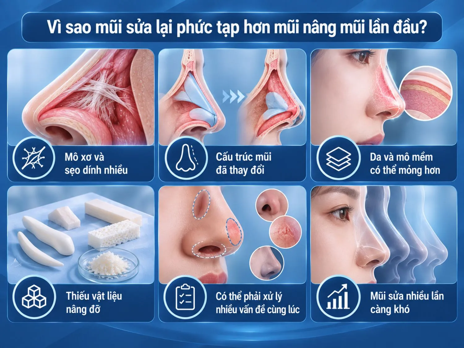 Mũi đã phẫu thuật thường có mô xơ, sẹo dính, cấu trúc thay đổi và thiếu vật liệu nâng đỡ, nên việc chỉnh sửa có thể phức tạp hơn so với nâng mũi lần đầu.