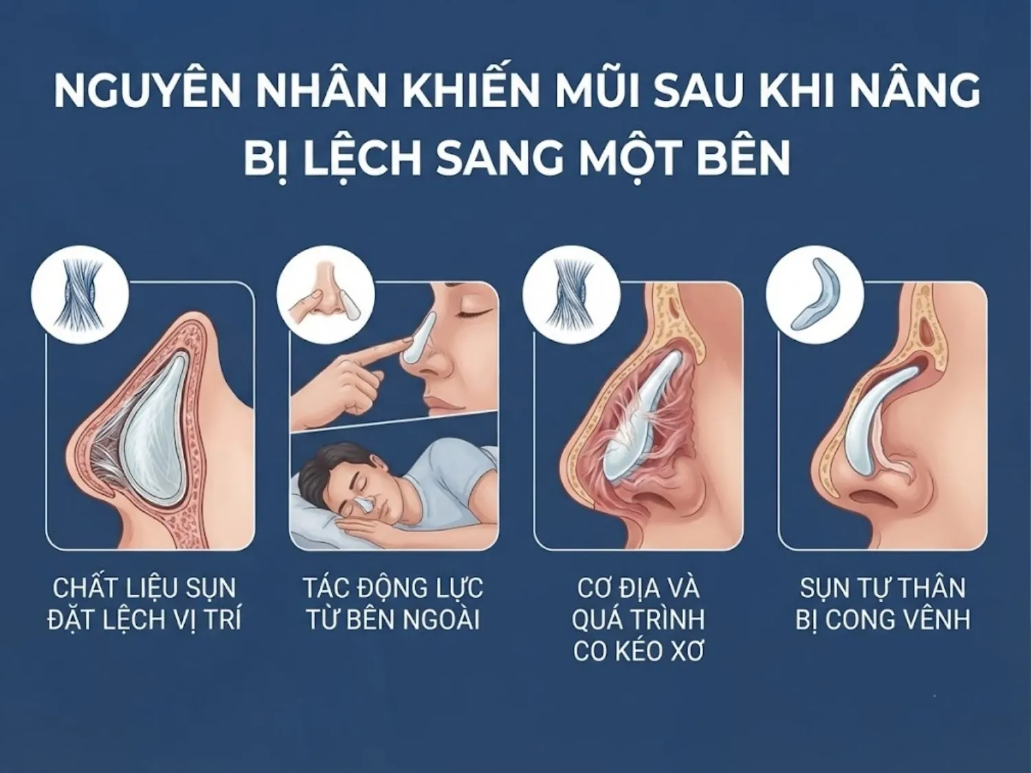 kỹ thuật thao tác, tác động ngoại lực, cơ địa co kéo xơ hoặc tính chất của chất liệu sụn là các nguyên nhân khiến mũi bị lệch