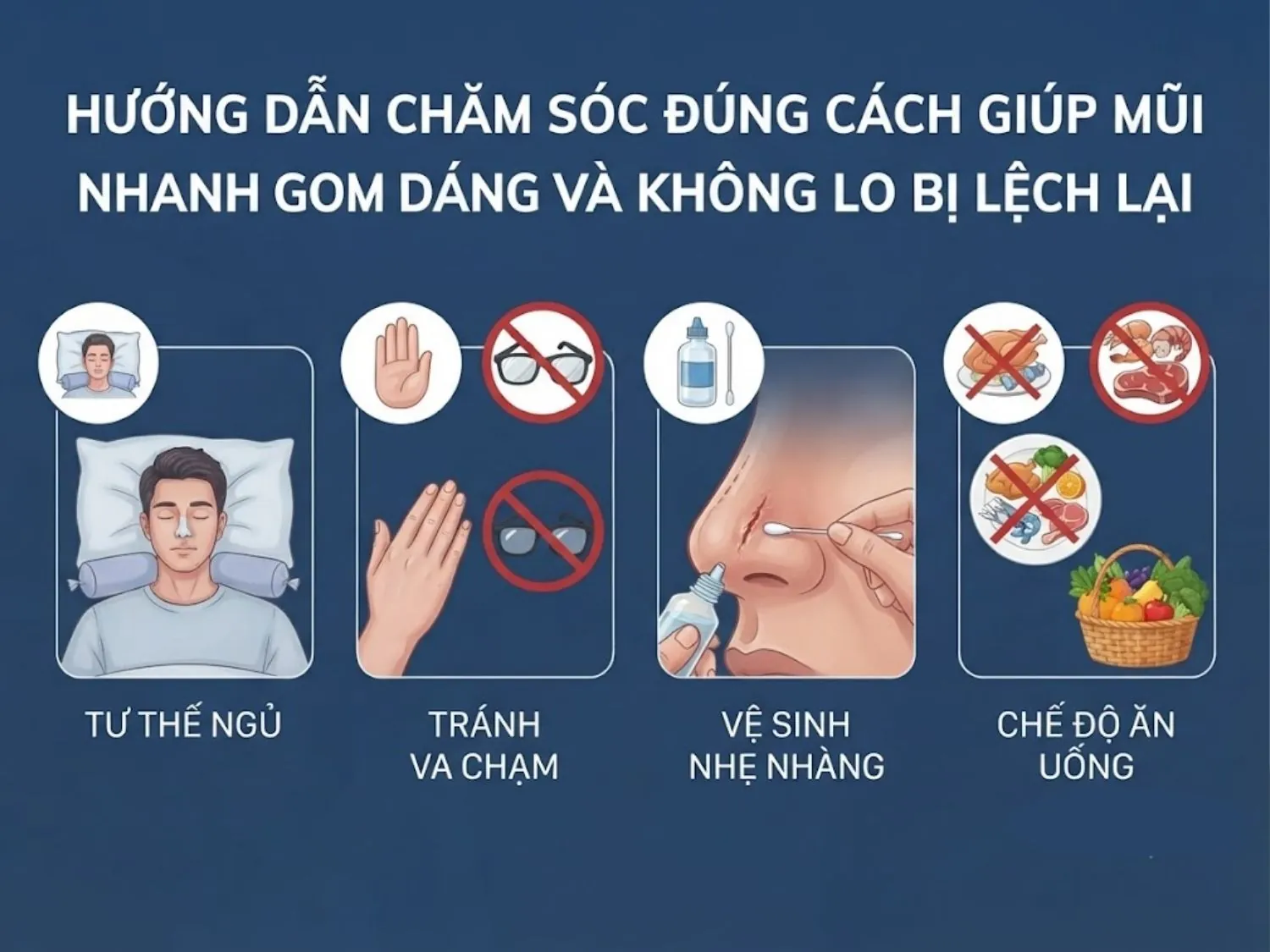 chú ý về tư thế nằm, bảo vệ mũi khỏi lực tác động, vệ sinh vết mổ và chế độ ăn uống khoa học là cách chăm sóc đúng sau nâng mũi