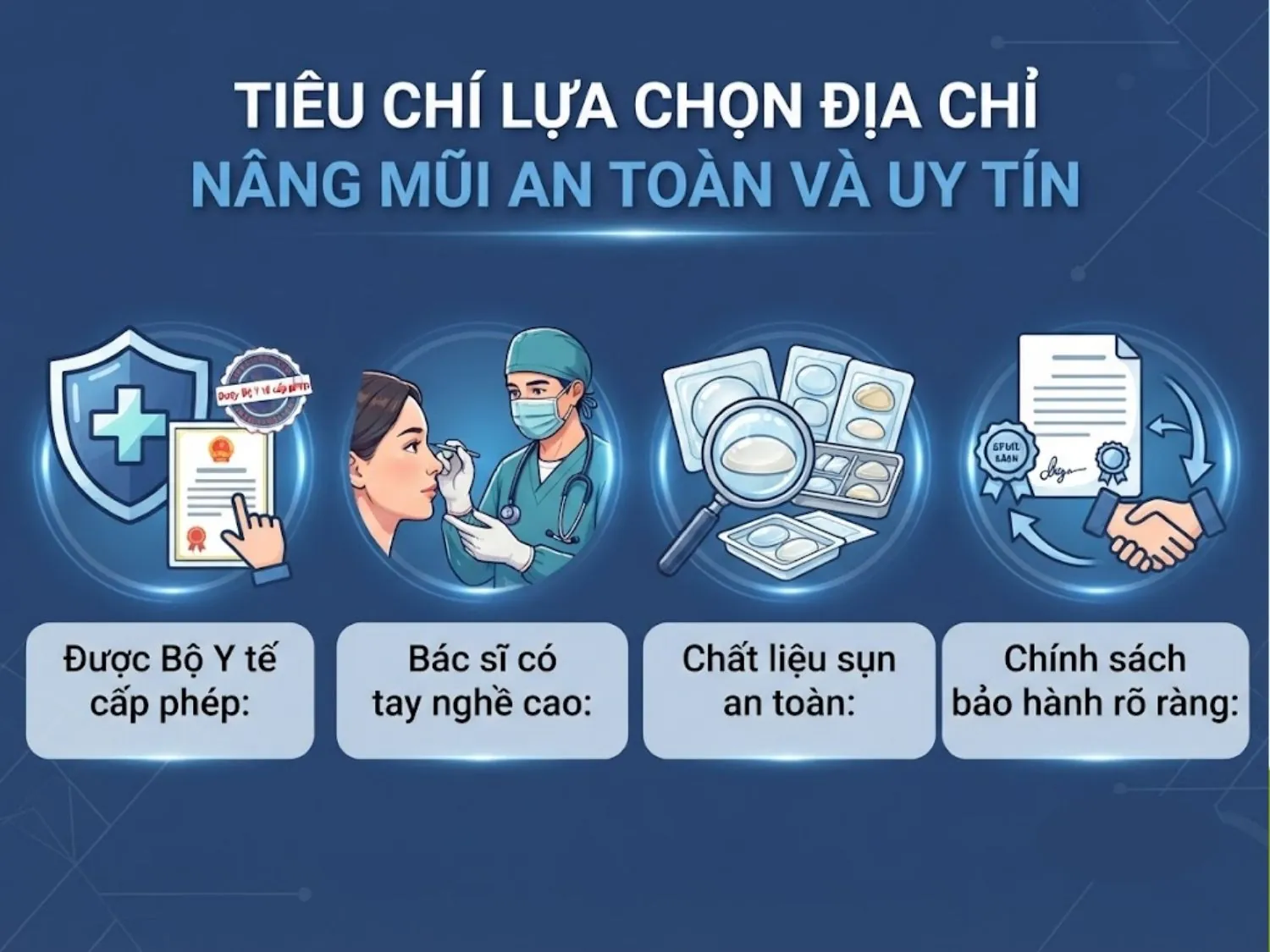 đáp ứng đầy đủ giấy phép Bộ Y tế, bác sĩ chuyên khoa tay nghề cao, chất liệu sụn an toàn và chính sách bảo hành minh bạch là tiêu chí của địa chỉ nâng mũi uy tín