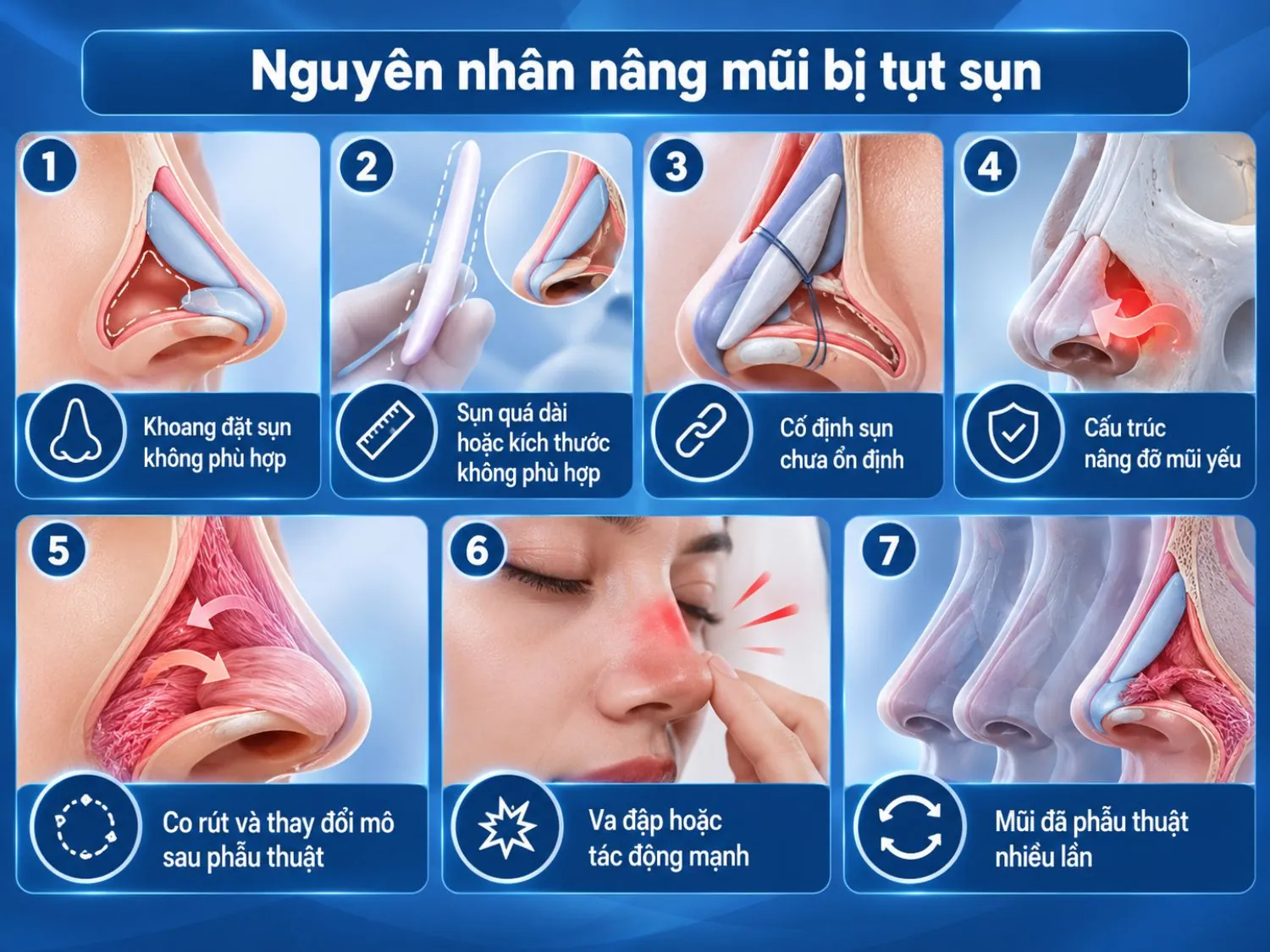 Tụt sụn sau nâng mũi có thể liên quan đến khoang đặt sụn, kích thước vật liệu, khả năng cố định, cấu trúc nâng đỡ yếu, co rút mô hoặc tác động mạnh sau phẫu thuật.