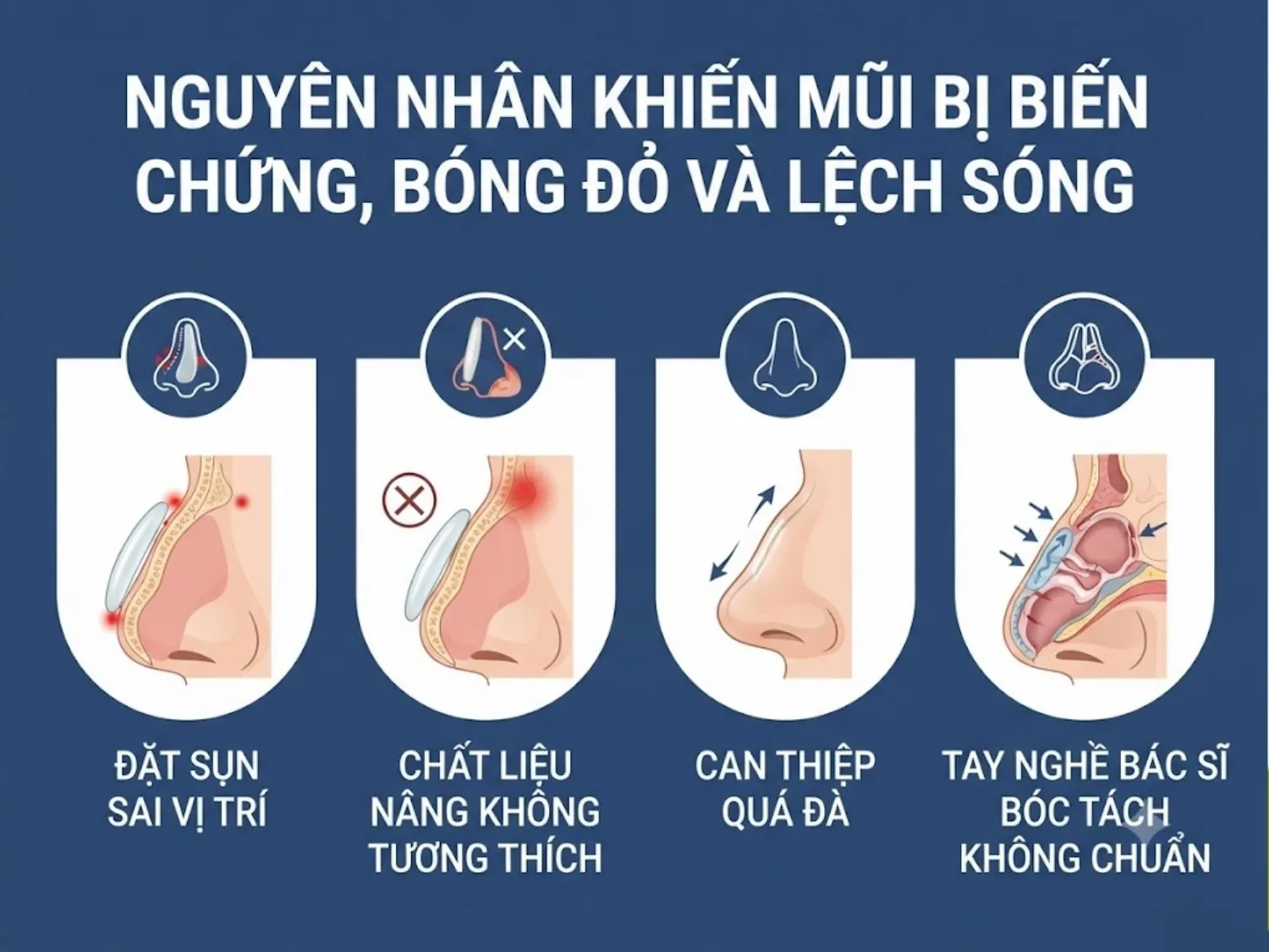 sai vị trí sụn, chất liệu không tương thích, can thiệp quá đà hoặc sai sót bóc tách là nguyên nhân làm mũi hỏng